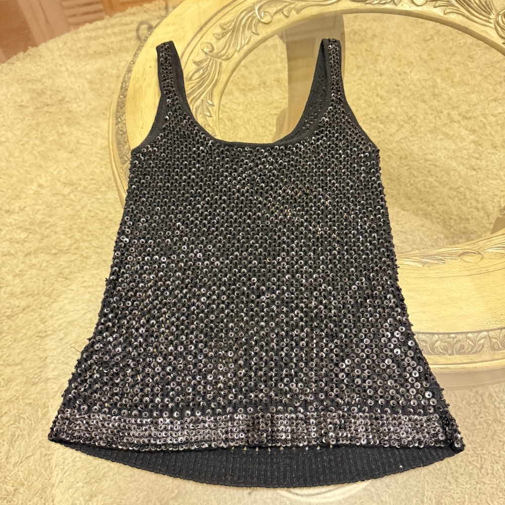 Carmen Marc Valvo Collection Sheer Mesh Sequin Women's Tank Top Black Size Small